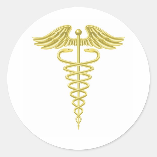 Pegatina Redonda Símbolo médico de oro de Caduceus (Anverso)