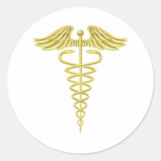 Pegatina Redonda Símbolo médico de oro de Caduceus