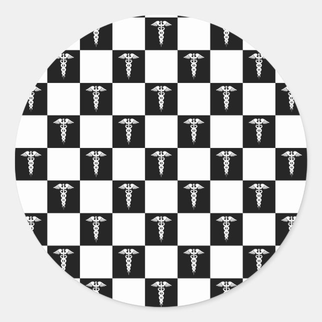 Pegatina Redonda Símbolo médico negro y blanco Caduceus (Anverso)