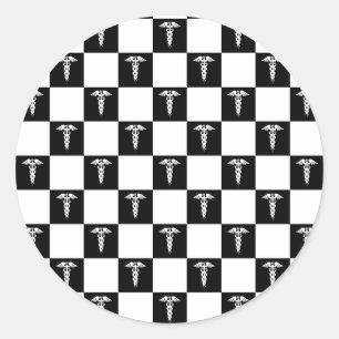 Pegatina Redonda Símbolo médico negro y blanco Caduceus