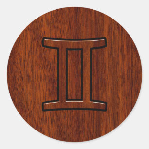 Pegatina Redonda Símbolo moderno gemini zodiaco en caoba como impri