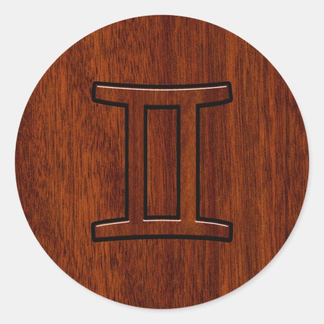 Pegatina Redonda Símbolo moderno gemini zodiaco en caoba como impri (Anverso)