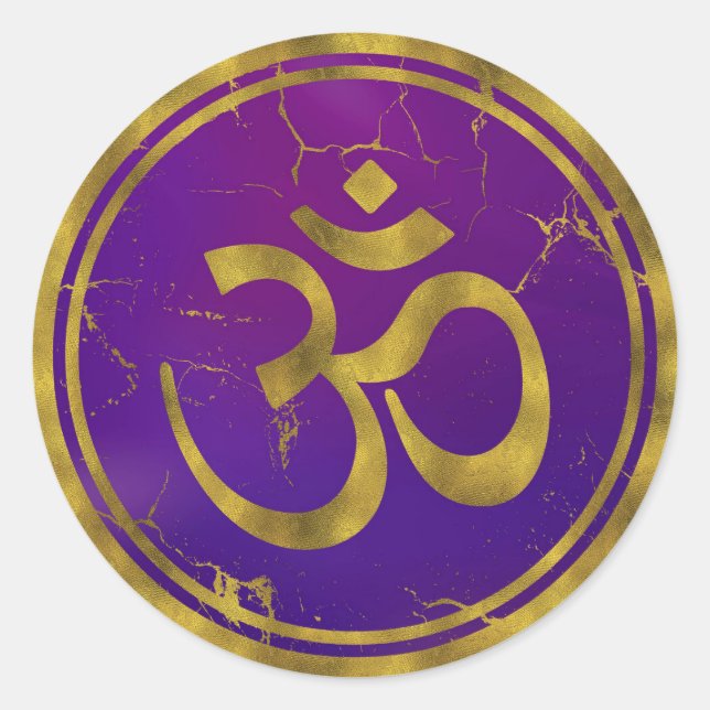 Pegatina Redonda Símbolo Oro OM - Aum, Omkara en Purple/Indigo (Anverso)