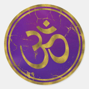 Pegatina Redonda Símbolo Oro OM - Aum, Omkara en Purple/Indigo