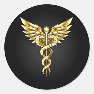 Pegatina Redonda Símbolo poligonal de oro Caduceus