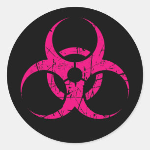 Pegatina Redonda Símbolo rosado rasguñado del Biohazard en negro