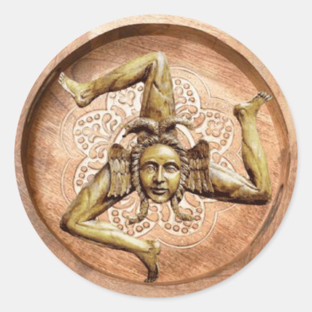 Pegatina Redonda Símbolo trinacria de Sicilia (Faux Wood) (Anverso)