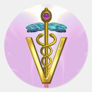 Pegatina Redonda SÍMBOLO VETERINARIO CADUCEO DE ORO, blanco rosado