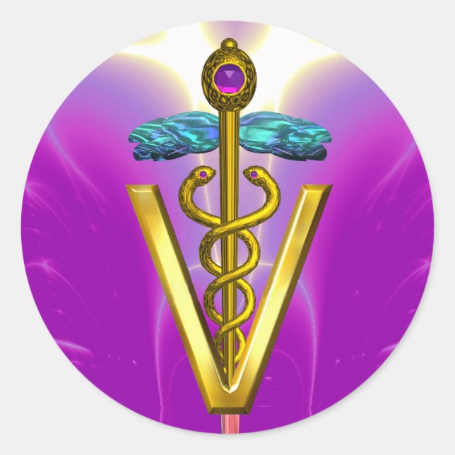 Pegatina Redonda SÍMBOLO VETERINARIO CADUCEUS DE ORO FANTASMA rosa (Anverso)