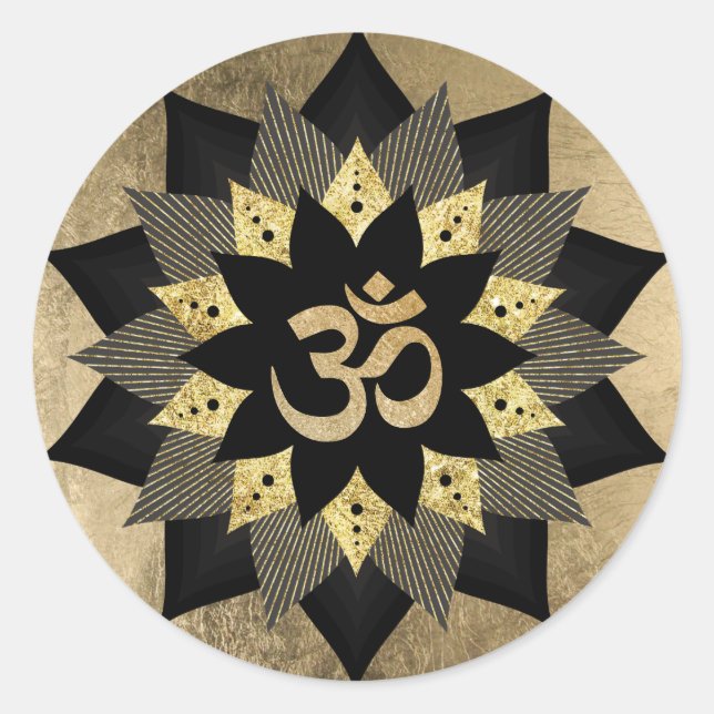 Pegatina Redonda Símbolo Yoga Om Flor Black & Gold Lotus (Anverso)
