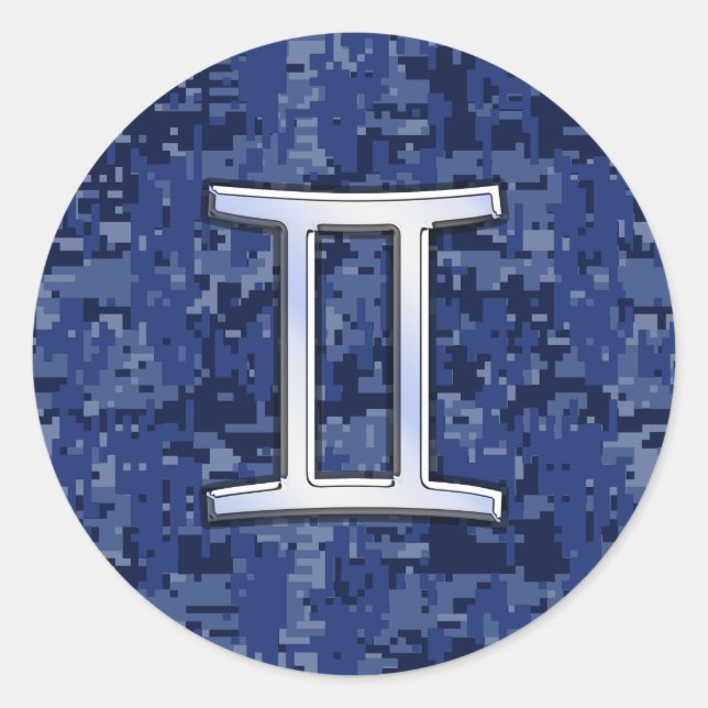 Pegatina Redonda Símbolo zodiaco de Gemini Camuflaje digital azul (Anverso)