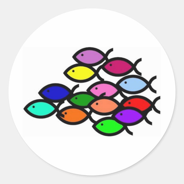 Pegatina Redonda Símbolos de peces cristianos - Escuela Arcoiris - (Anverso)