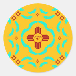 Pegatina Redonda Símbolos de Zia Rojo Nuevas plumas turquesas de Mé