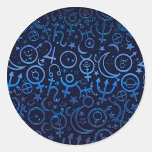 Pegatina Redonda Símbolos Planetarios Azules Universo Místico Plane
