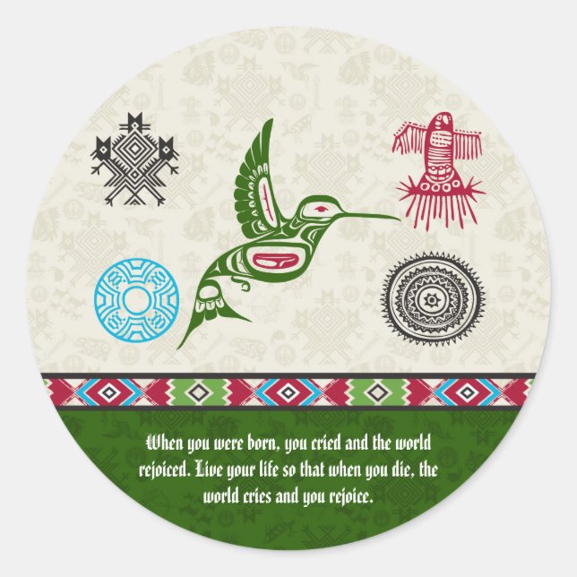 Pegatina Redonda Símbolos y sabiduría nativos estadounidenses - Hum (Anverso)