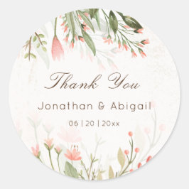 Pegatina Redonda Simple acuarela Boda de jardín de flores rosadas