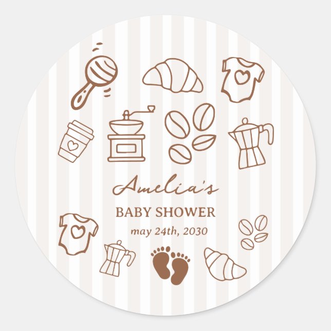 Pegatina Redonda Simple Baby Is Brewing Doodle Coffee Baby Shower (Anverso)