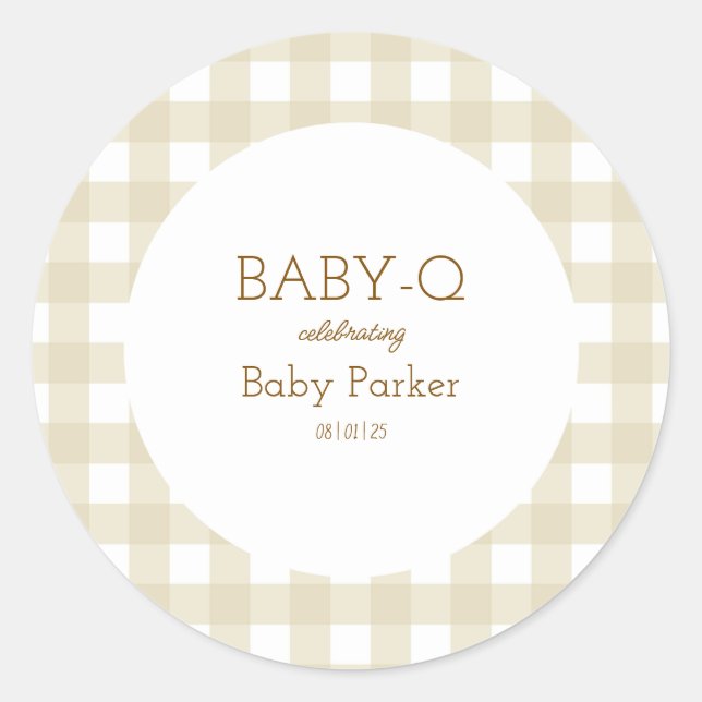 Pegatina Redonda Simple Beige Gingham Baby Shower Sticker (Anverso)