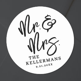 Pegatina Redonda Simple Black White Script Wedding