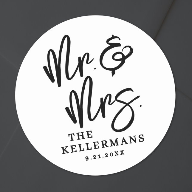 Pegatina Redonda Simple Black White Script Wedding (Simple Black White Script Wedding Classic Round Sticker)