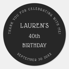 Pegatina Redonda Simple blanco negro 40 Fiesta de cumpleaños gracia