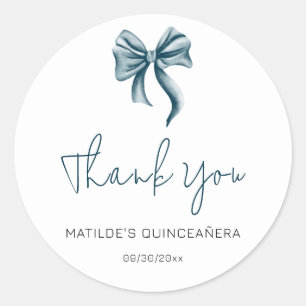 Pegatina Redonda Simple Blue Bow Script Quinceañera Gracias