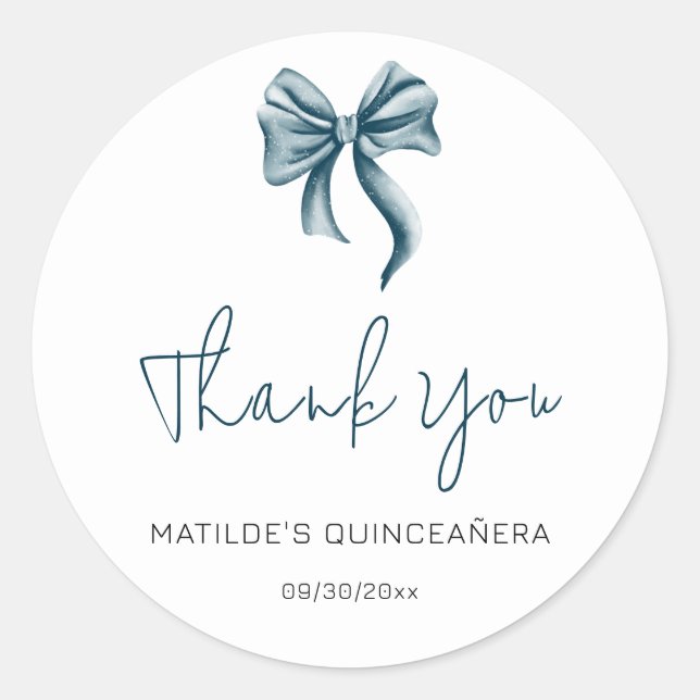 Pegatina Redonda Simple Blue Bow Script Quinceañera Gracias (Anverso)