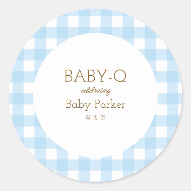 Pegatina Redonda Simple Blue Gingham Baby Shower Sticker (Anverso)