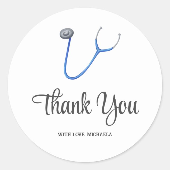 Pegatina Redonda Simple Blue Stethoscope Thank You (Anverso)