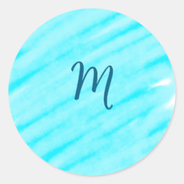 Pegatina Redonda simple blue whi watercolor lines add your monogram