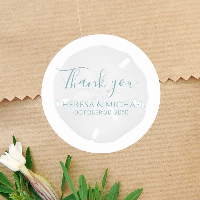 Pegatina Redonda Simple Boda Gracias Beach Sand Dollar (Thank you sand a dollar wedding favor sticker label. )