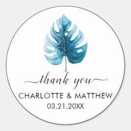 Pegatina Redonda Simple Boda Tropical Monstera Leaf Gracias