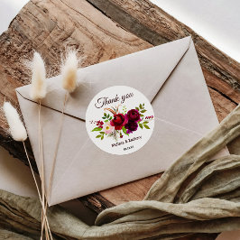 Pegatina Redonda Simple Burgundy Floral Gracias Por Favor