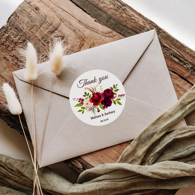 Pegatina Redonda Simple Burgundy Floral Gracias Por Favor (Subido por el creador)