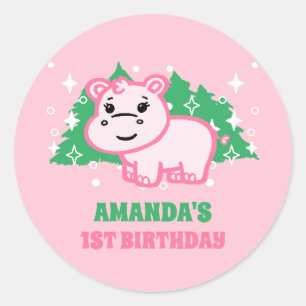 Pegatina Redonda Simple Cute Hippo Rosa Primer Fiesta de cumpleaños