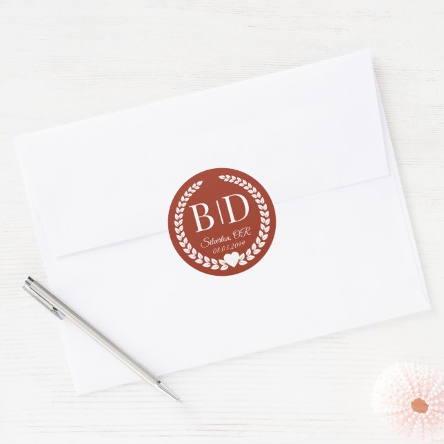 Pegatina Redonda Simple Deep Burnt Sienna Monogram Wedding (Sobre)