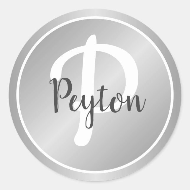 Pegatina Redonda Simple Elegante Nombre Monogramado Gris Plateado (Anverso)