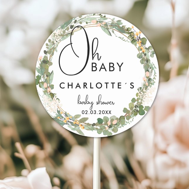 Pegatina Redonda Simple Eucalyptus Wreath Baby Shower (Simple Eucalyptus Wreath Baby Shower Classic Round Custom Sticker with your Name and Date.)