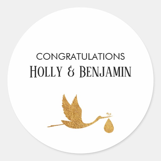 Pegatina Redonda Simple Faux Gold Stork Felicitaciones Baby Shower (Anverso)