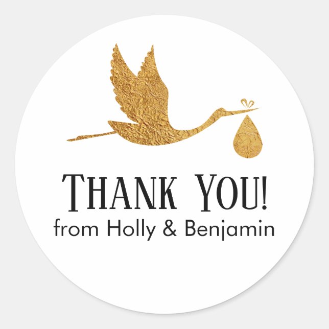 Pegatina Redonda Simple Faux Gold Stork Gracias! Baby Shower (Anverso)