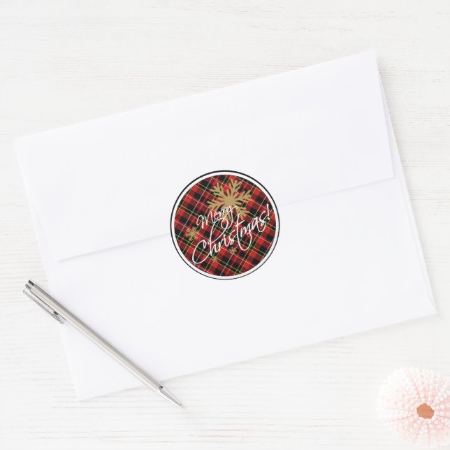 Pegatina Redonda Simple Feliz Navidad Wish Tartan Pattern Classic (Sobre)
