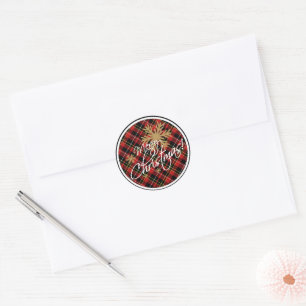 Pegatina Redonda Simple Feliz Navidad Wish Tartan Pattern Classic