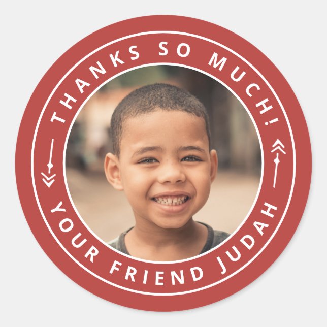 Pegatina Redonda Simple Flechas Circular Foto Gracias Nombre Rojo (Anverso)