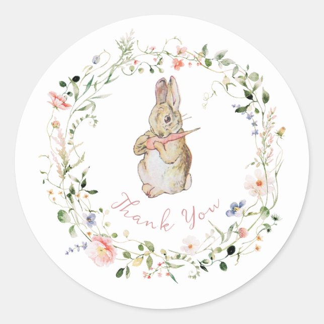 Pegatina Redonda Simple Floral Baby Bunny Baby Shower (Anverso)