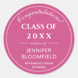 Pegatina Redonda Simple Graduación Moderna Rosa y Blanco 