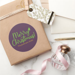 Pegatina Redonda Simple Green Script Feliz Navidad en Violeta