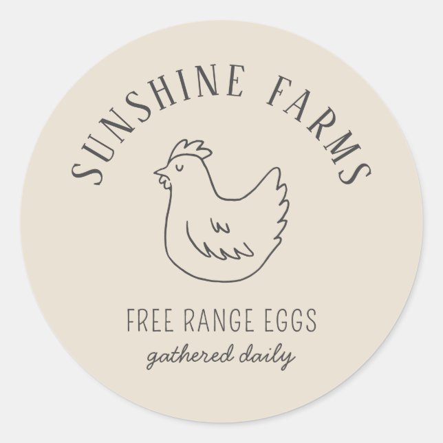 Pegatina Redonda Simple Hen Farm Fresh Eggs Tan (Anverso)
