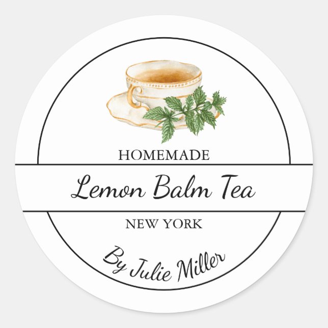 Pegatina Redonda Simple Homemade Lemon Balm Tea Label (Anverso)