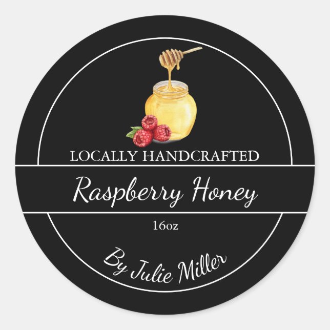 Pegatina Redonda Simple Homemade Raspberry infused Honey Label (Anverso)