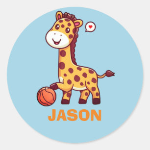 Pegatina Redonda Simple jirafa linda kawaii con baloncesto